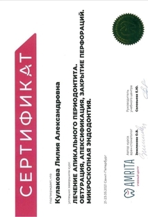 Сертификат участника Лечение апикального периодонтита